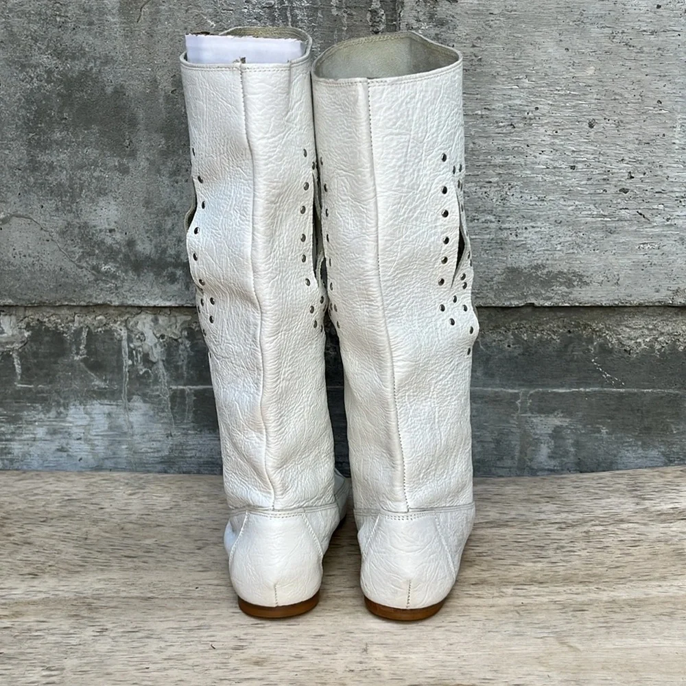 White Over-the-Knee Cutout & Stud Leather Boots — Women's